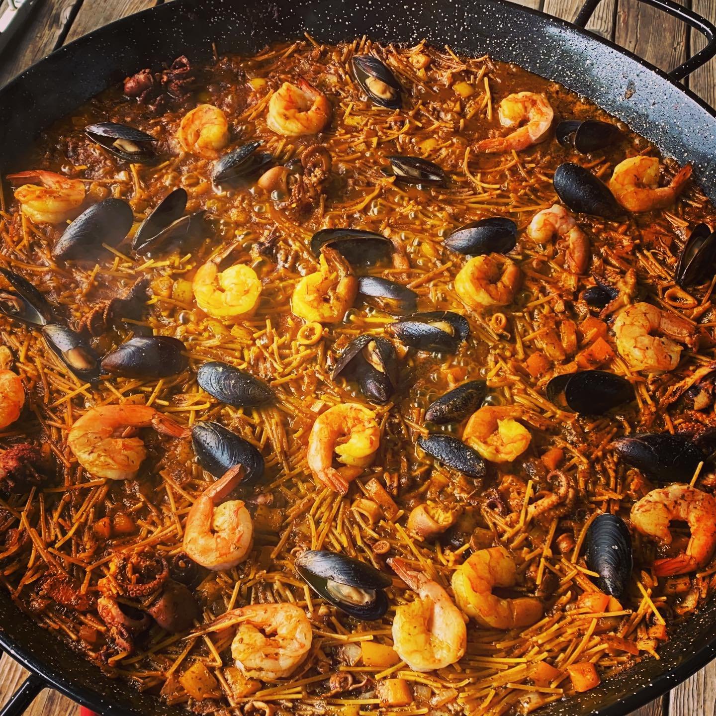Fideua, a seafood paella with noodles in place of rice